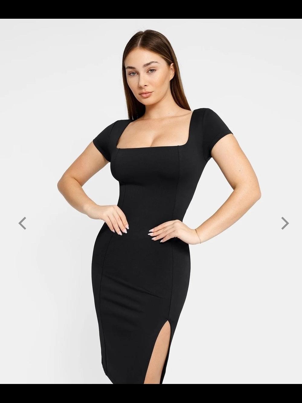 Popilush Black Square-Neck Bodycon Midi Dress with Side Slit Size L